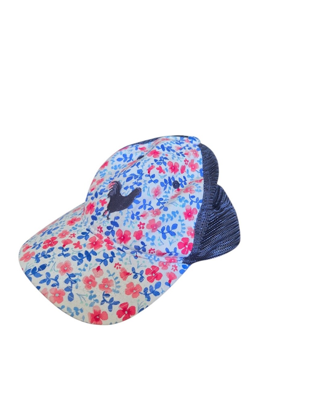 Ladies Floral Rooster Trucker Hat Blue Pink Mesh Back Farmhouse Cottagecore Cap